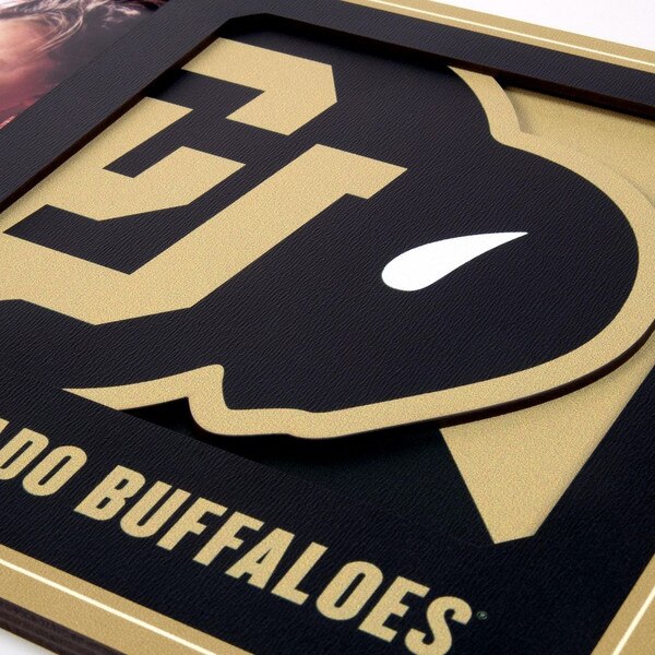 Close-up of layered Colorado Buffaloes logo on photo frame with textured finish.